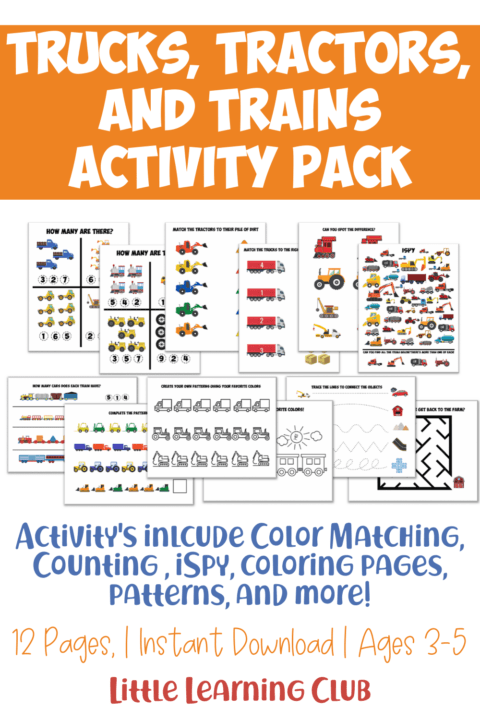 Trucks, Tractors, and Trains Activity Pack - Little Learning Club